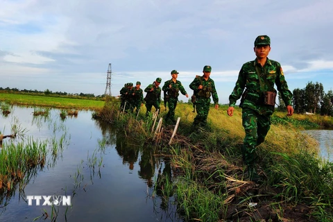 Cán bộ chiến sỹ Đồn biên phòng Vĩnh Nguơn (An Giang) tuần tra trên tuyến biên giới để chống buôn lậu. (Ảnh: Công Mạo/TTXVN)
