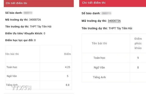Kết quả trước và sau phúc khảo của một thí sinh ở huyện Tiền Hải, tỉnh Thái Bình. (Ảnh: TTXVN phát)