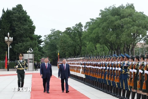 Tổng Bí thư, Chủ tịch nước Tô Lâm và Tổng Bí thư, Chủ tịch nước Trung Quốc Tập Cận Bình duyệt đội danh dự. (Ảnh: Trí Dũng/TTXVN)