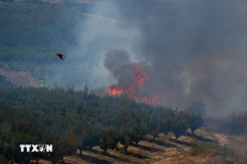 Khói lửa bốc lên sau cuộc tấn công của lực lượng Hezbollah tại Liban xuống miền Bắc Israel ngày 17/8/2024. (Ảnh: THX/TTXVN)