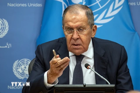 Ngoại trưởng Nga Sergey Lavrov phát biểu tại cuộc họp báo ở New York, Mỹ, ngày 23/9/2023. (Ảnh: AFP/TTXVN)