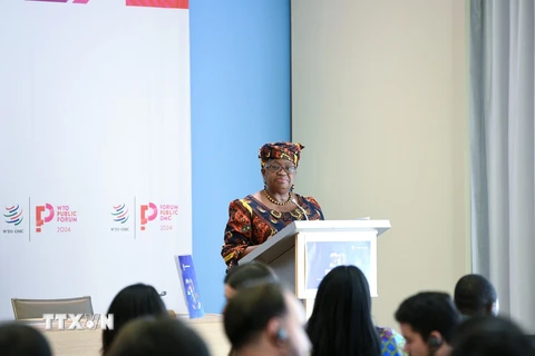 Tổng Giám đốc WTO Ngozi Okonjo-Iweala phát biểu tại Diễn đàn công WTO 2024 ở Geneva, Thụy Sĩ ngày 10/9/2024. (Ảnh: THX/TTXVN)