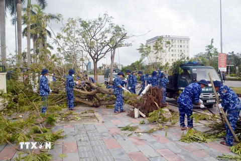 Lực lượng Cảnh sát biển dọn dẹp cây bị đổ quận Hải An, thành phố Hải Phòng. (Ảnh: Hoàng Ngọc/TTXVN)