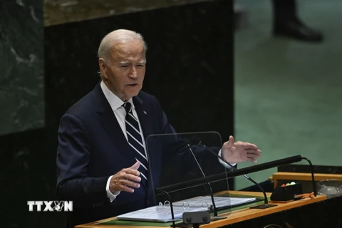 Tổng thống Mỹ Joe Biden phát biểu tại Khóa họp lần thứ 79 Đại Hội đồng Liên hợp quốc ở New York, Mỹ ngày 24/9/2024. (Ảnh: Anadolu Agency/TTXVN)