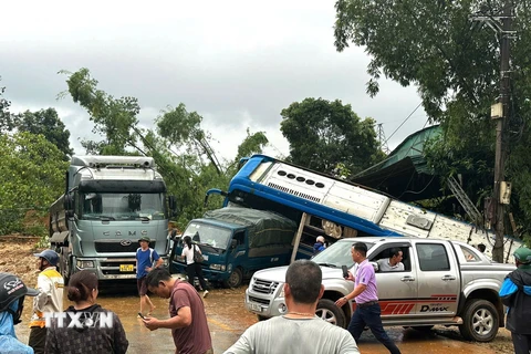 Mưa lũ đã sạt lở cả quả đồi, tràn xuống Quốc lộ 2 tuyến đường Hà Giang-Tuyên Quang và các tỉnh (đoạn qua xã Việt Vinh, huyện Bắc Quang) gây thiệt hại nặng nề về tài sản của nhân dân. (Ảnh: TTXVN phát)