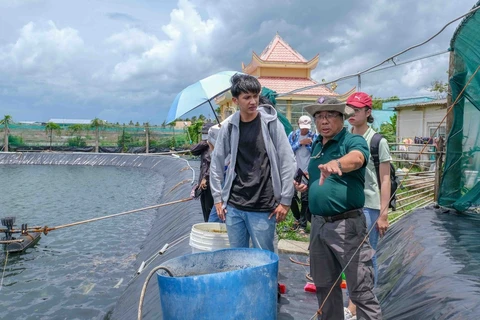 Phó Giáo sư, Tiến sỹ Lê Anh Tuấn (Đại học Cần Thơ) hướng dẫn sinh viên tìm hiểu mô hình nuôi tôm kết hợp năng lượng mặt trời của gia đình ông Trịnh Văn Hoặc.