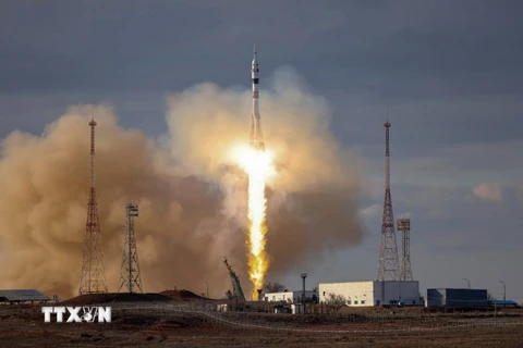 Tàu vũ trụ Soyuz của Nga được phóng từ sân bay vũ trụ Baikonur ở Kazakhstan ngày 23/3/2024. (Ảnh: AFP/TTXVN)