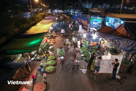 Chợ đầu mối Long Biên nằm dưới chân cây cầu Long Biên lịch sử. Đây là khu chợ đầu mối lớn nhất miền Bắc. (Ảnh: Minh Sơn/Vietnam+)