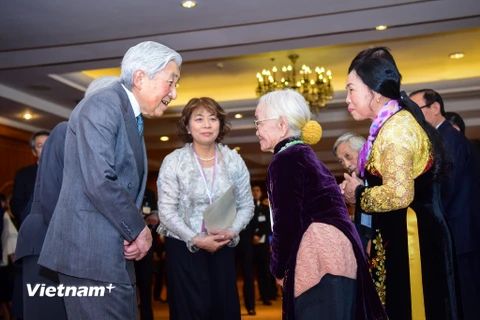 Sáng 2/3, Nhật hoàng Akihito và Hoàng hậu đã gặp gỡ một nhóm người thân của cựu lính Nhật từng tham chiến ở Việt Nam. (Ảnh: Minh Sơn/Vietnam+) 