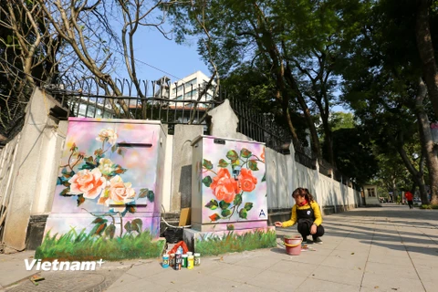 Những ngày gần đây, đi dạo qua ngã tư Lý Thường Kiệt - Phan Chu Trình, nhiều người không khỏi bất ngờ khi xuất hiện các bức vẽ sống động trên bốt điện. (Ảnh: Minh Sơn/Vietnam+)