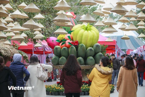 Nhiều du khách khi ghé thăm phiên chợ Tết tại khu đô thị Ecopark vào dịp cuối tuần không khỏi bất ngờ khi thấy một mâm ngũ quả khổng lồ nằm giữa lối đi. (Ảnh: Minh Sơn/Vietnam+)