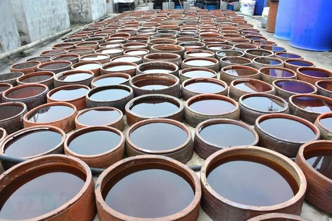 Sản xuất nước mắm Sa Châu, sản phẩm truyền thống của xã Giao Châu, Giao Thủy, Nam Định. (Ảnh: Công Luật/TTXVN)