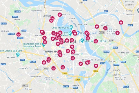 Google Maps đánh dấu các điểm lưu ý dịch COVID-19 tại Hà Nội. (Ảnh chụp màn hình)