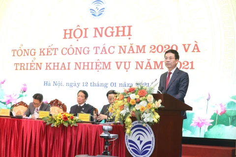 Bộ trưởng Nguyễn Mạnh Hùng phát biểu tại Hội nghị .(Ảnh: PV/Vietnam+)