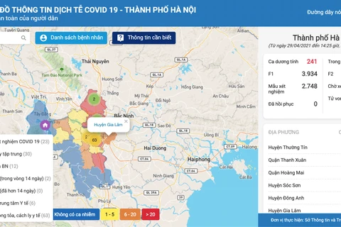 Bản đồ thông tin dịch tễ COVID-19 Hà Nội được truy cập trực tiếp tại địa chỉ https: https://covidmaps.hanoi.gov.vn. (Ảnh chụp màn hình)