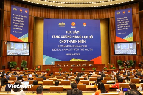 Chiều 14/9, tại Nhà Quốc hội (Hà Nội) đã diễn ra Tọa đàm 'Tăng cường năng lực số cho thanh niên.' (Ảnh: Minh Sơn/Vietnam+)