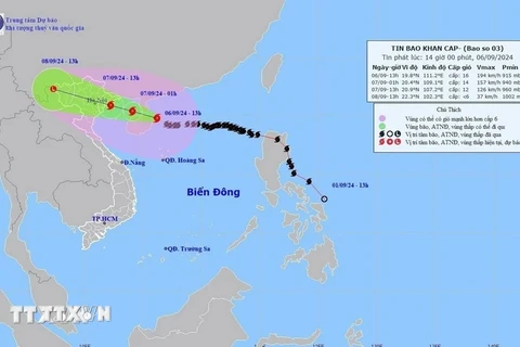 Bản đồ đường đi của bão số 3 lúc 13 giờ ngày 6/9/2024. (Ảnh: TTXVN phát)