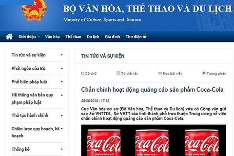 Bộ Văn Hóa-Thể thao và Du lịch chấn chỉnh quảng cáo của Coca-Cola (Ảnh: Màn hình website của Bộ VH-TT&DL)