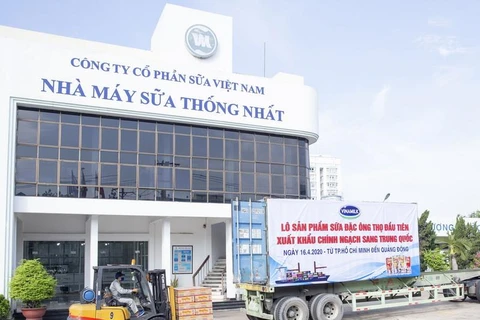 Lô sản phẩm sữa đặc Ông Thọ được đưa vào container chuẩn bị xuất đi Trung Quốc từ Nhà máy sữa Thống Nhất của Vinamilk (Ảnh: Dũng Đỗ/Vietnam+)