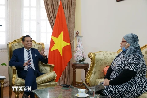 Đại sứ Trần Thành Công trả lời phỏng vấn nhà báo Raunaa Al-Masry của kênh truyền hình Nile Cultural. (Ảnh: Anh Tuấn/TTXVN)