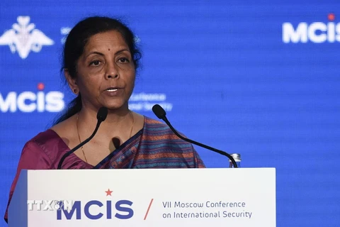 Bộ trưởng Quốc phòng Ấn Độ Nirmala Sitharaman phát biểu tại Hội nghị Moscow về an ninh quốc tế lần thứ VII ngày 4/4. (Nguồn: AFP/ TTXVN)