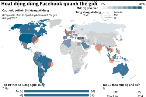 Hoạt động dùng Facebook quanh thế giới. (Nguồn: Vietnam+)