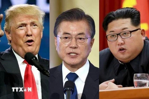 Tổng thống Mỹ Donald Trump, Tổng thống Hàn Quốc Moon Jae-in và nhà lãnh đạo Triều Tiên Kim Jong-un. (Nguồn: Financial Express/TTXVN)