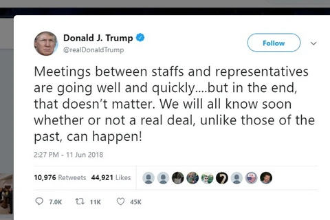 Tổng thống Mỹ Donald Trump tự tin về triển vọng cuộc gặp thượng đỉnh Mỹ-Triều. (Nguồn: Twitter)