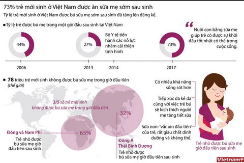Tỷ lệ trẻ mới sinh ở Việt Nam được bú sữa mẹ sớm sau sinh đã tăng lên đáng kể. (Nguồn: Vietnam+)