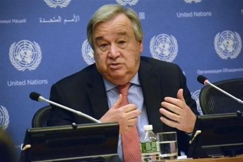 Tổng Thư ký Liên hợp quốc Antonio Guterres phát biểu tại một cuộc họp báo ở New York, Mỹ. (Nguồn: Kyodo/TTXVN)