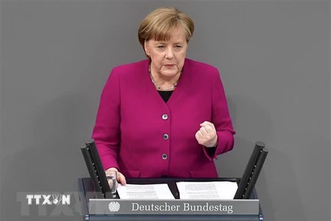 Thủ tướng Đức Angela Merkel phát biểu tại phiên họp Quốc hội ở Berlin. (Nguồn: AFP/TTXVN)