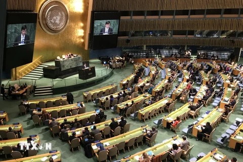 Đại sứ, Trưởng Phái đoàn thường trực Việt Nam tại Liên hợp quốc phát biểu và quang cảnh phiên họp của Đại hội đồng.