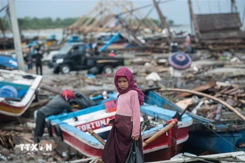 Người dân trở về khu vực bị tàn phá nặng nề do thảm họa sóng thần ở Banten, Indonesia ngày 25/12/2018. (Ảnh: THX/TTXVN)