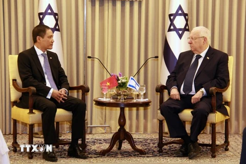 Đại sứ Việt Nam Đỗ Minh Hùng trình Quốc thư lên Tổng thống Israel. (Nguồn: Việt Thắng/TTXVN)