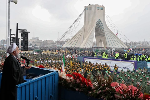 Tổng thống Iran Hassan Rouhani phát biểu tại lễ kỷ niệm 40 năm Cách mạng Hồi giáo tại Tehran, Iran, ngày 11/2. (Ảnh: AFP/TTXVN)