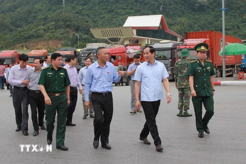 Thứ trưởng Bộ NN và PTNT Phùng Đức Tiến (giữa) đến kiểm tra tình hình xuất nhập khẩu hàng hóa tại cửa khẩu Hữu Nghị, Lạng Sơn. (Ảnh: Quang Duy/TTXVN)