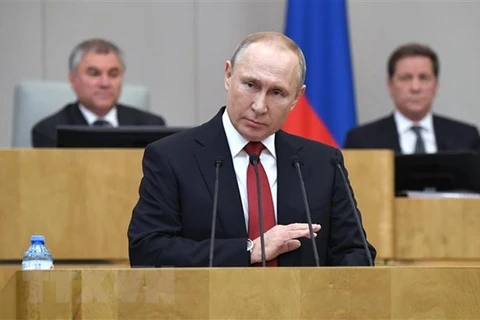 Tổng thống Nga Vladimir Putin tại phiên họp Duma quốc gia Nga ở Moskva, ngày 10/3. (Nguồn: AFP/TTXVN)