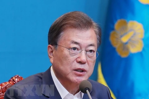 Tổng thống Hàn Quốc Moon Jae-in phát biểu trong cuộc họp tại Seoul. (Ảnh: Yonhap/TTXVN)