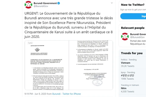 Thông báo của chính phủ Burundi. (Ảnh: Twitter)