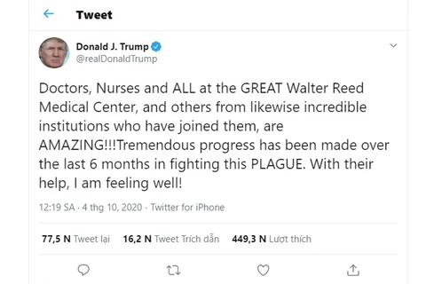 Tổng thống Donald Trump thông báo tình trạng sức khỏe trên Twitter. (Ảnh: Twitter)