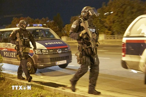 Cảnh sát tuần tra trên đường phố tại Vienna, Áo, sau khi xảy ra các vụ tấn công ngày 2/11/2020. (Ảnh: THX/TTXVN)