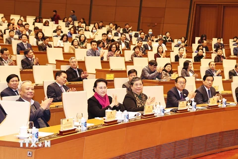 Chủ tịch Quốc hội Nguyễn Thị Kim Ngân và các Phó Chủ tịch Quốc hội dự Hội nghị. (Ảnh: Trọng Đức/TTXVN)