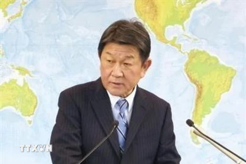Ngoại trưởng Nhật Bản Toshimitsu Motegi phát biểu trong cuộc họp báo tại thủ đô Tokyo. (Ảnh: Kyodo/ TTXVN)