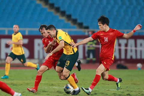 Đội tuyển Việt Nam thất bại 0-1 trước Australia ở lượt đi tại vòng loại thứ ba World Cup 2022. (Ảnh: PV/Vietnam+)