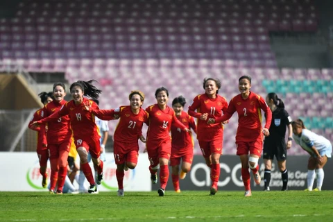 Đội tuyển nữ Việt Nam sung sướng ăn mừng thành tích dự World Cup lần đầu tiên trong lịch sử. (Ảnh: VFF)