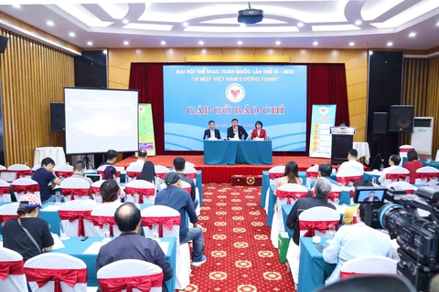 Ban tổ chức gặp gỡ báo chí, trao đổi thông tin về Đại hội Thể thao toàn quốc 2022. (Ảnh: PV/Vietnam+) 