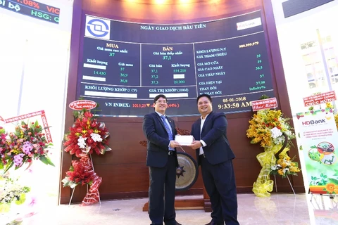Ông Nguyễn Hữu Đặng, Tổng Giám đốc HDBank đón nhận bảng giá khớp lệnh ngày giao dịch đầu tiên từ ông Nguyễn Vũ Quang Trung, Phó Tổng giám đốc Sở Giao dịch chứng khoán TPHCM (HOSE). (Nguồn: HDBank)
