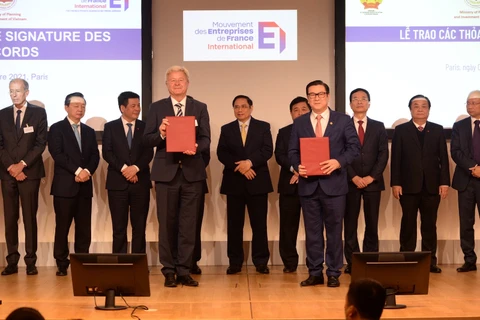 Lãnh đạo HDBank và DEG tham gia ký kết dưới sự chứng kiến của Thủ tướng Phạm Minh Chính và lãnh đạo các bộ, ngành. (Ảnh: CTV/Vietnam+)