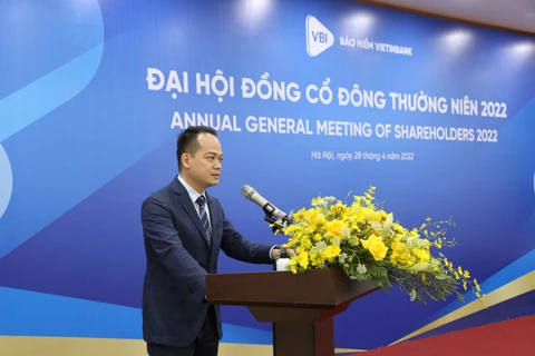 Ông Nguyễn Huy Quang - Chủ tịch Hội đồng quản trị Bảo hiểm VietinBank phát biểu tại Đại hội. (Ảnh: CTV/Vietnam+)