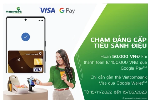Chủ thẻ Vietcombank Visa có thể liên kết thẻ với ứng dụng Google Wallet để thanh toán khi mua sắm trực tuyến và chi tiêu rất đơn giản, nhanh chóng. (Ảnh: Vietnam+)